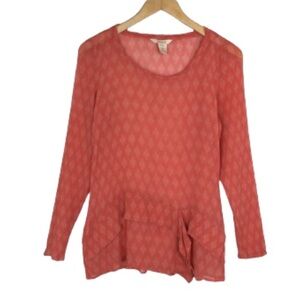 Sundance 100% Silk Ruffle Blouse Long Sleeves Scoop Neck Semi Sheer Orange Fairy